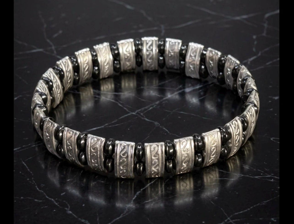 Men's Engraved Silver (Double Strand Beads)  Tribal Style Jewelry