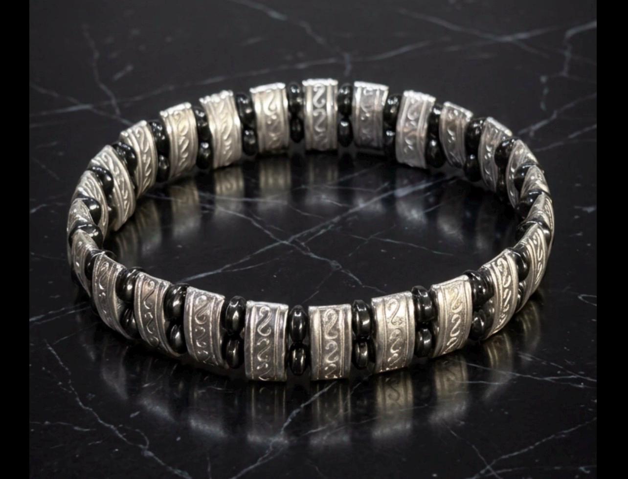 Men's Engraved Silver (Double Strand Beads)  Tribal Style Jewelry