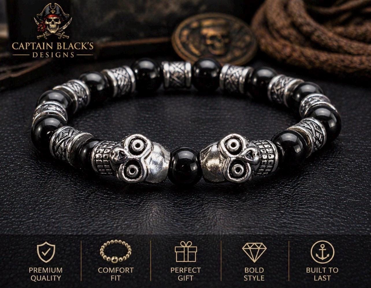 Men's Skull Bracelet – Black Beaded Gothic Jewelry – Captain Black's Designs