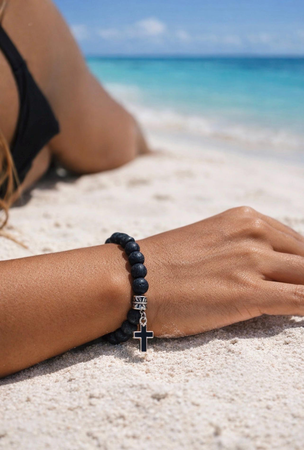 BEACH BLISS - Black Lava Beads with Black Cross
