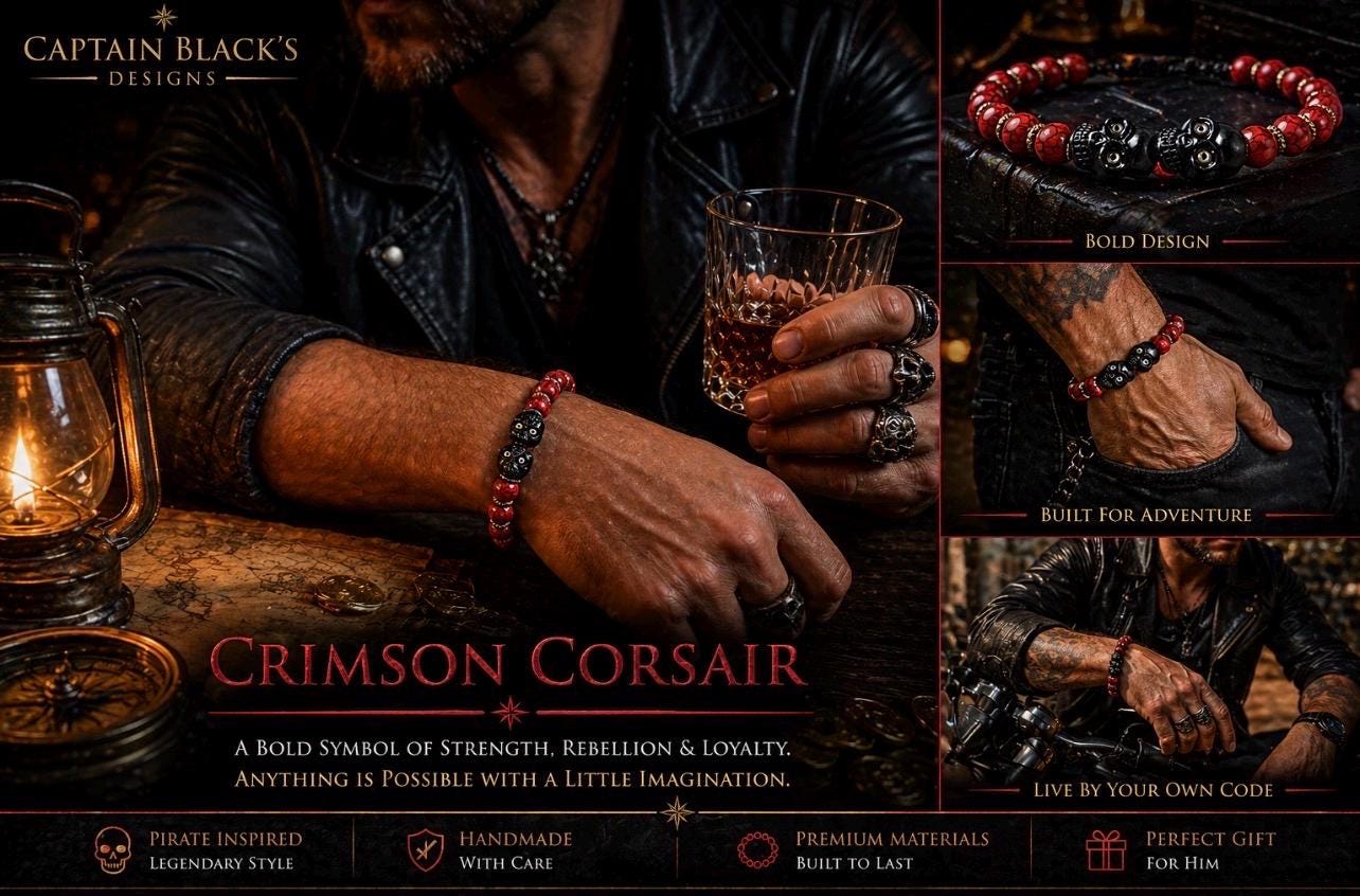 Crimson Corsair Bracelet – Red Marbled Beads, Twin Skull Centerpiece, Pirate Biker Jewelry