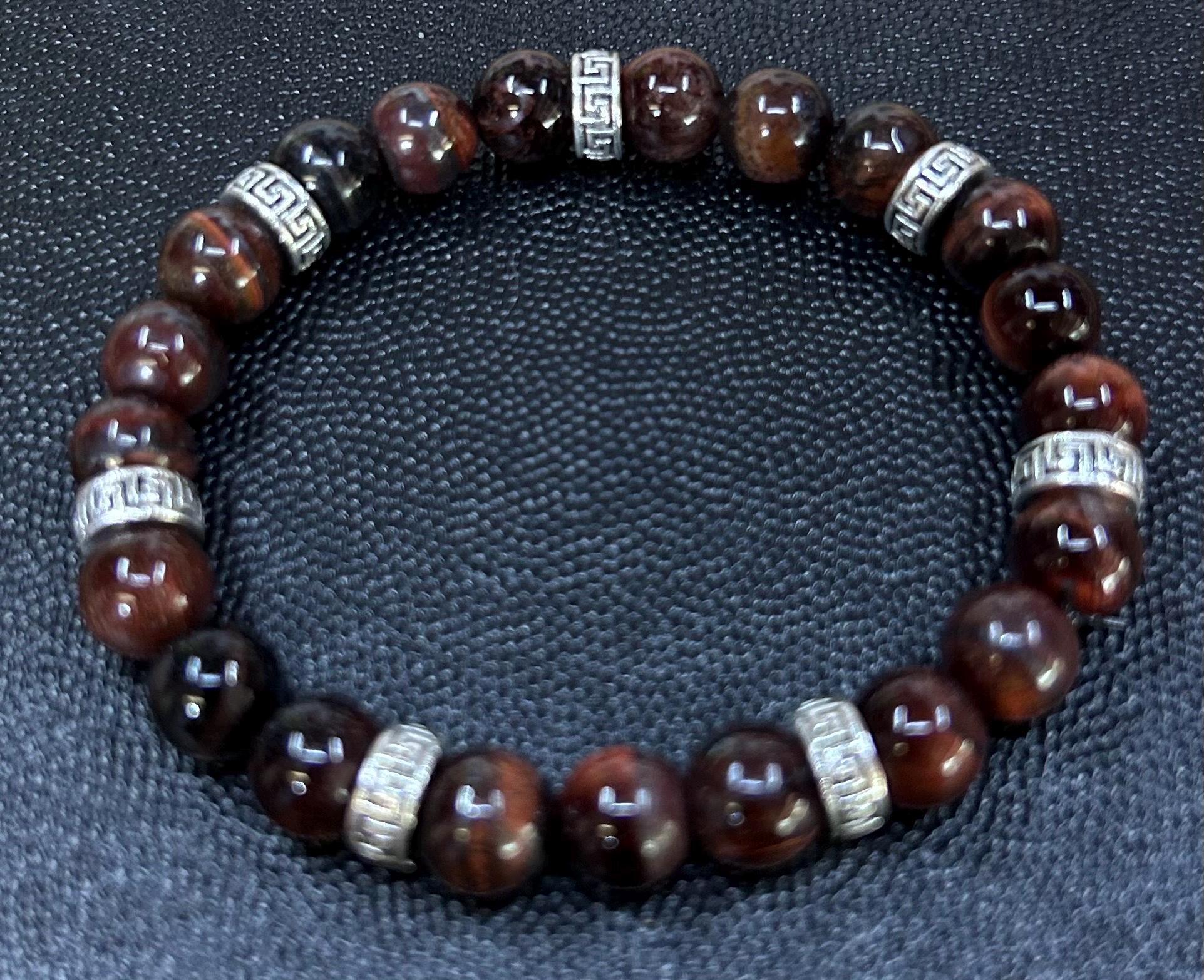 Greek Harbor Swirl Bracelet – Men’s Brown Beaded Jewelry with Silver Greek Key Spacers