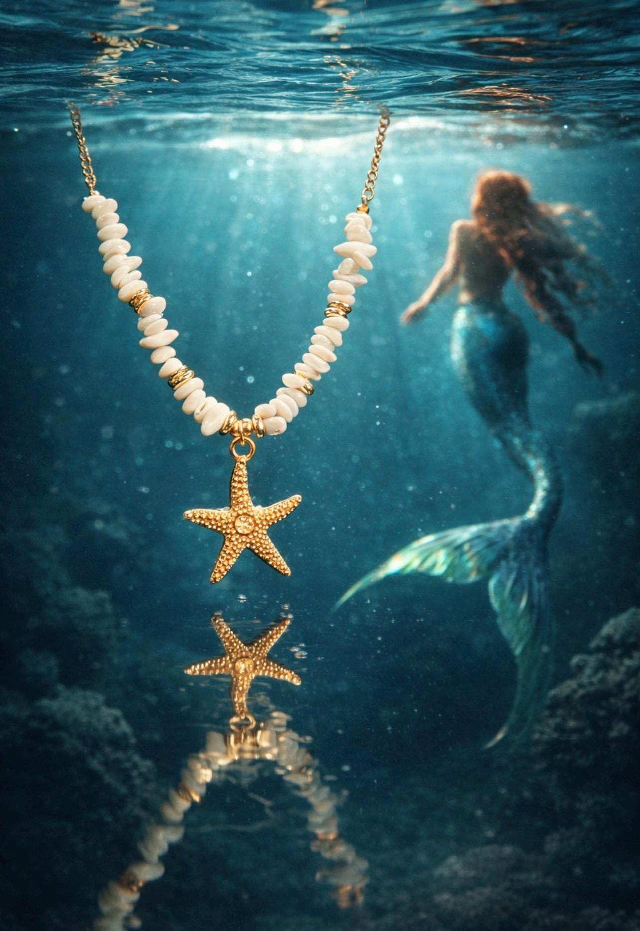 White Shell Starfish Necklace, Gold Beach Jewelry, Ocean Inspired Summer Chain