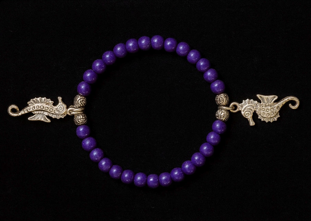 Purple Beaded Bracelet, Silver Seahorse Charm