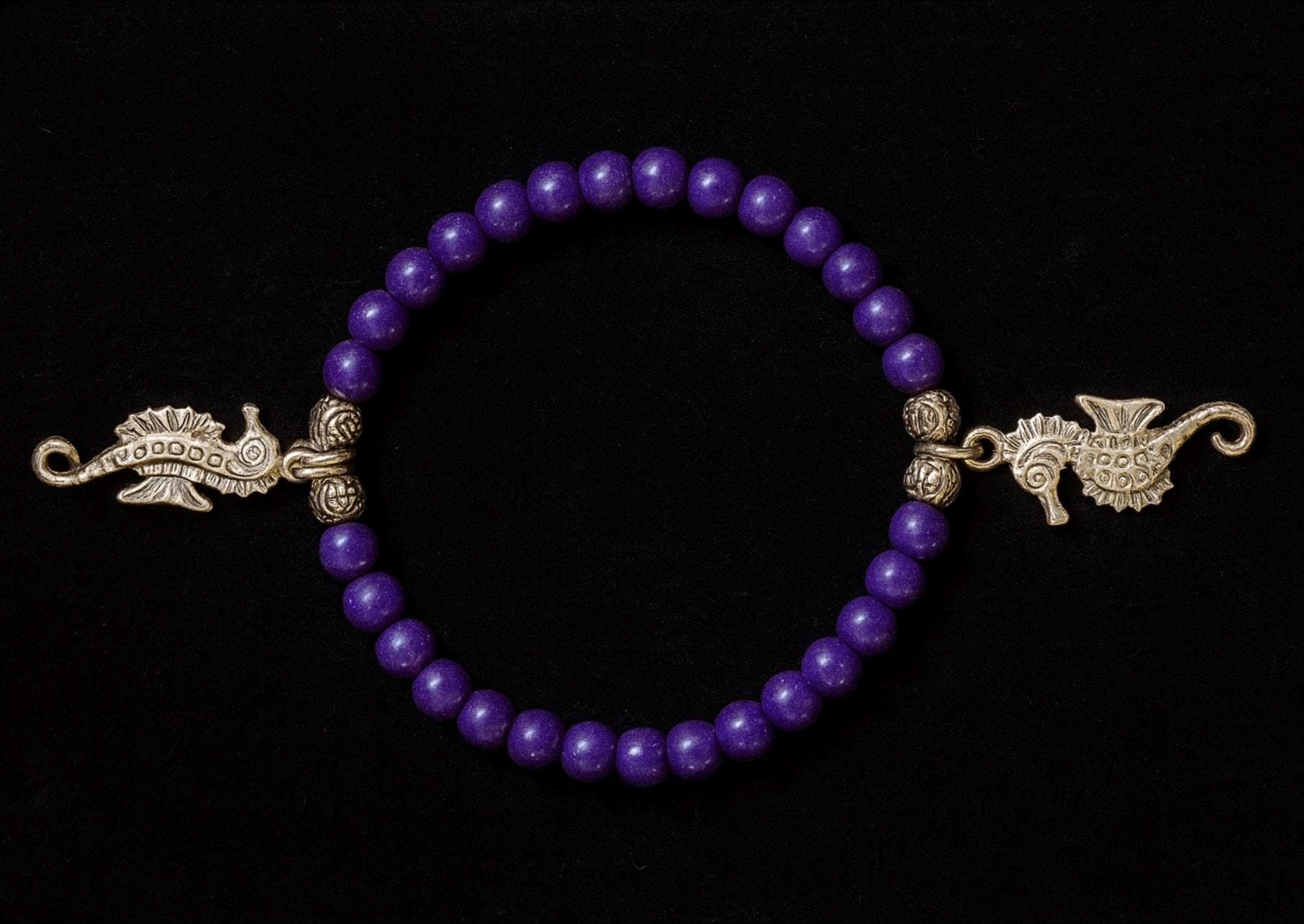 Purple Beaded Bracelet, Silver Seahorse Charm