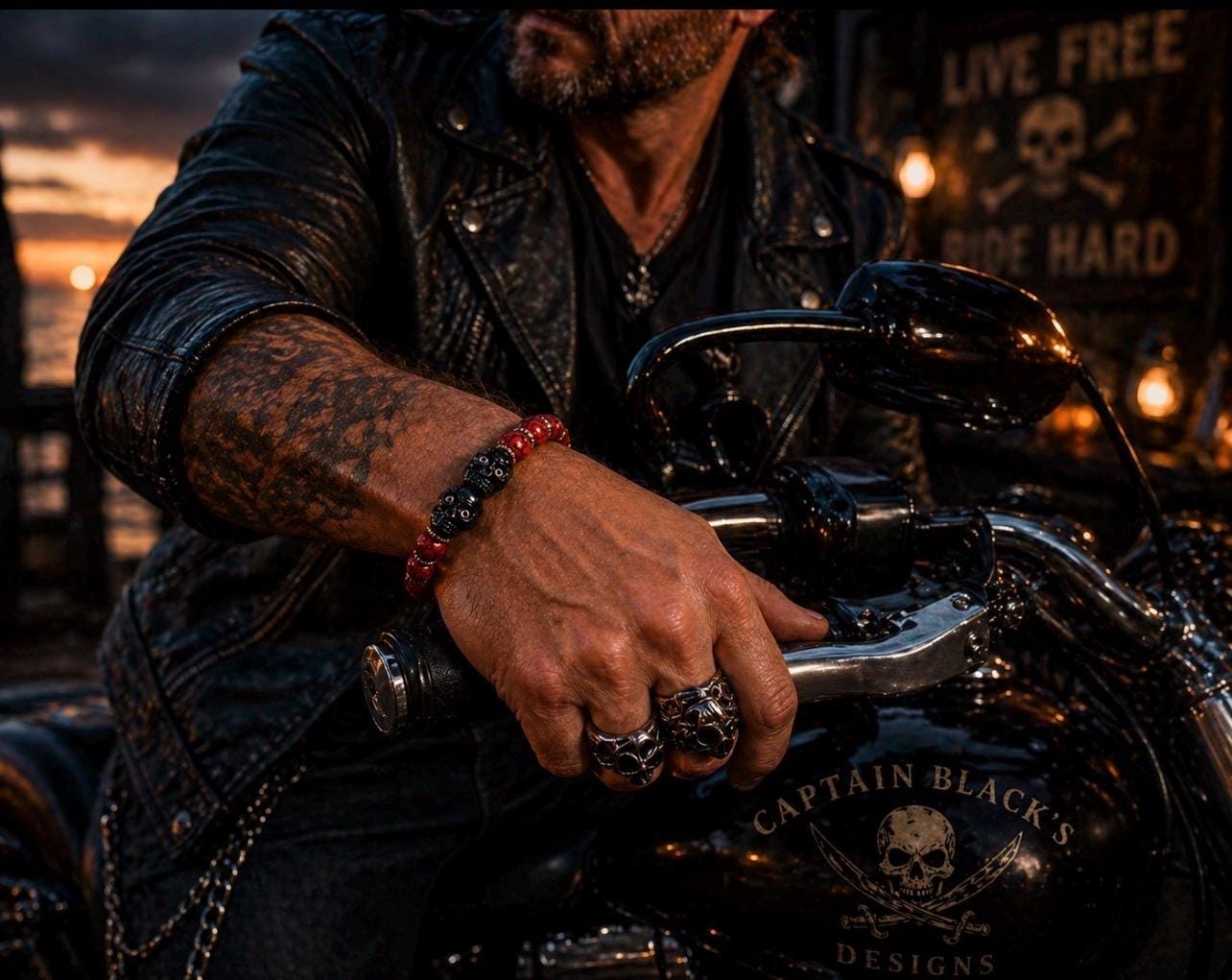 Crimson Corsair Bracelet – Red Marbled Beads, Twin Skull Centerpiece, Pirate Biker Jewelry