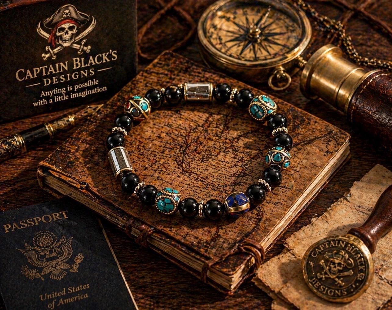 Merchant’s Compass Bracelet – Black Beaded Travel Jewelry – Artisan Inlay Accents
