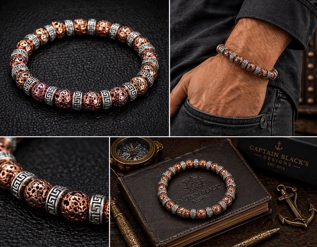 Copper Lava Greek Key Bracelet, Tribal Beaded Stretch Jewelry, Captain Black's Designs