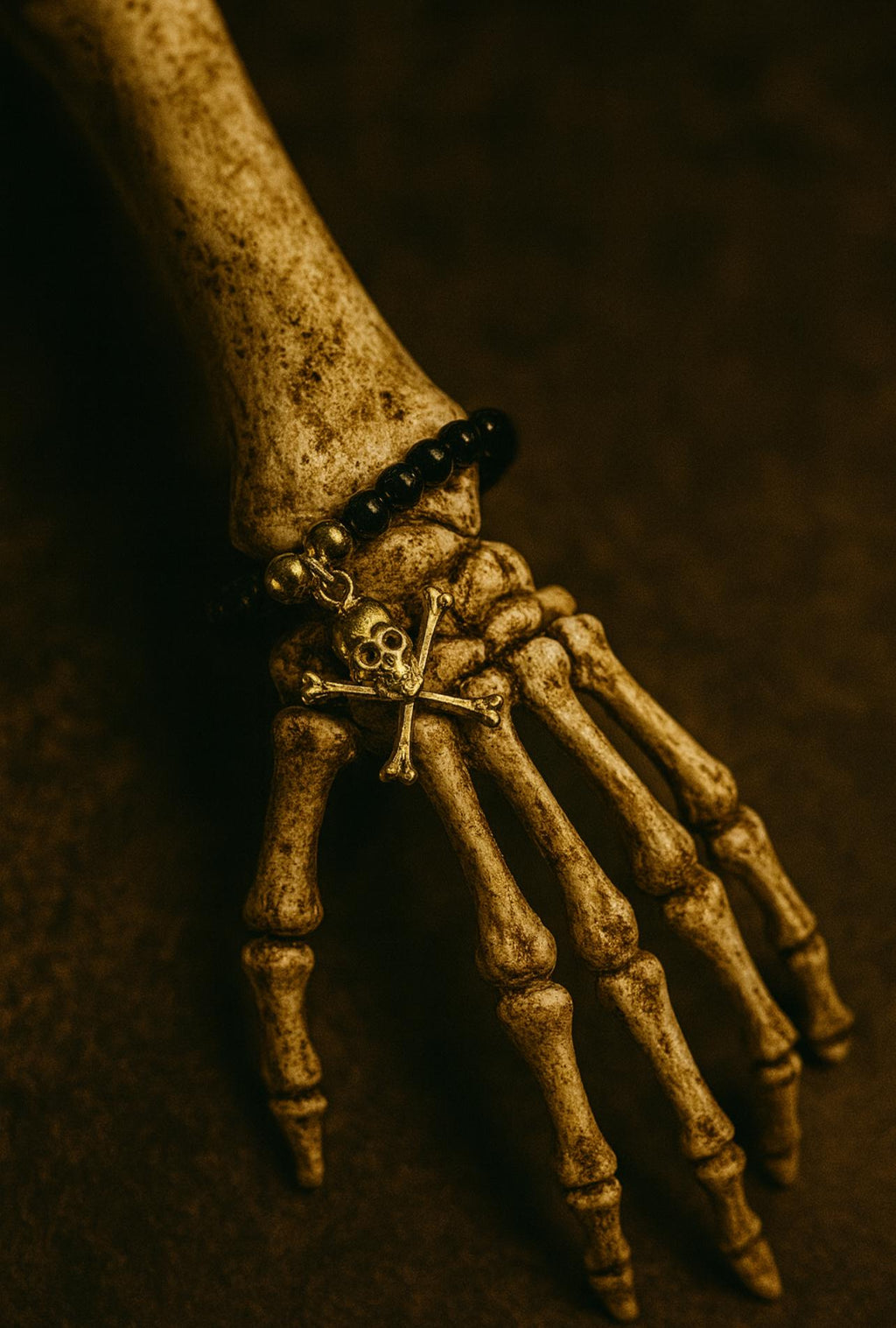 Gold Skull & Crossbones Bracelet: Black Onyx Beads