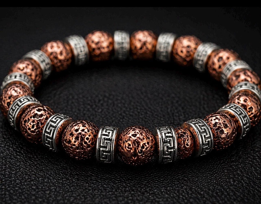 Copper Lava Greek Key Bracelet, Tribal Beaded Stretch Jewelry, Captain Black's Designs