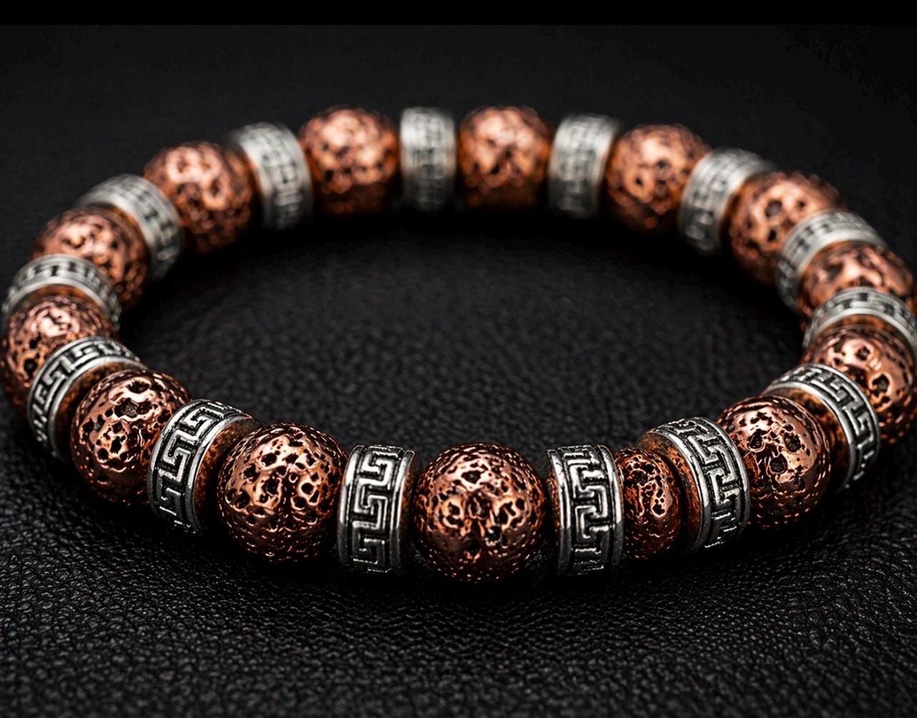 Copper Lava Greek Key Bracelet, Tribal Beaded Stretch Jewelry, Captain Black's Designs