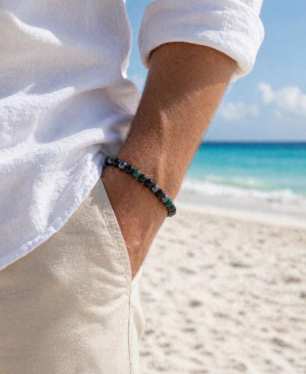 Sea Green Black Silver Beaded Bracelet, Summer Beach Accessory, His and Hers Set