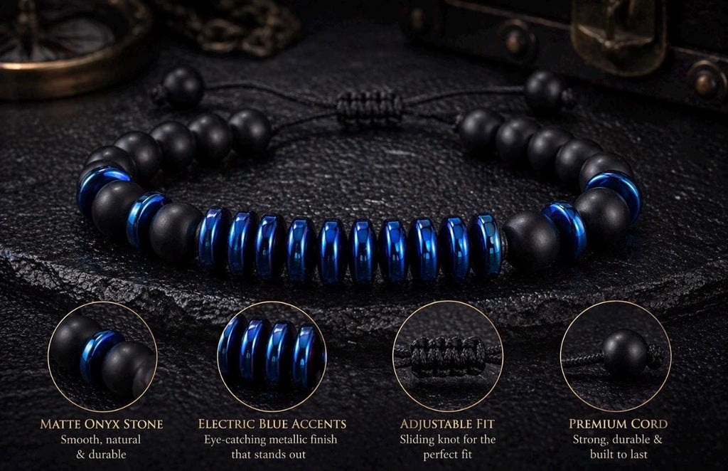 Midnight Current Matte Black Beaded Bracelet – Blue Accent Adjustable Men’s Style