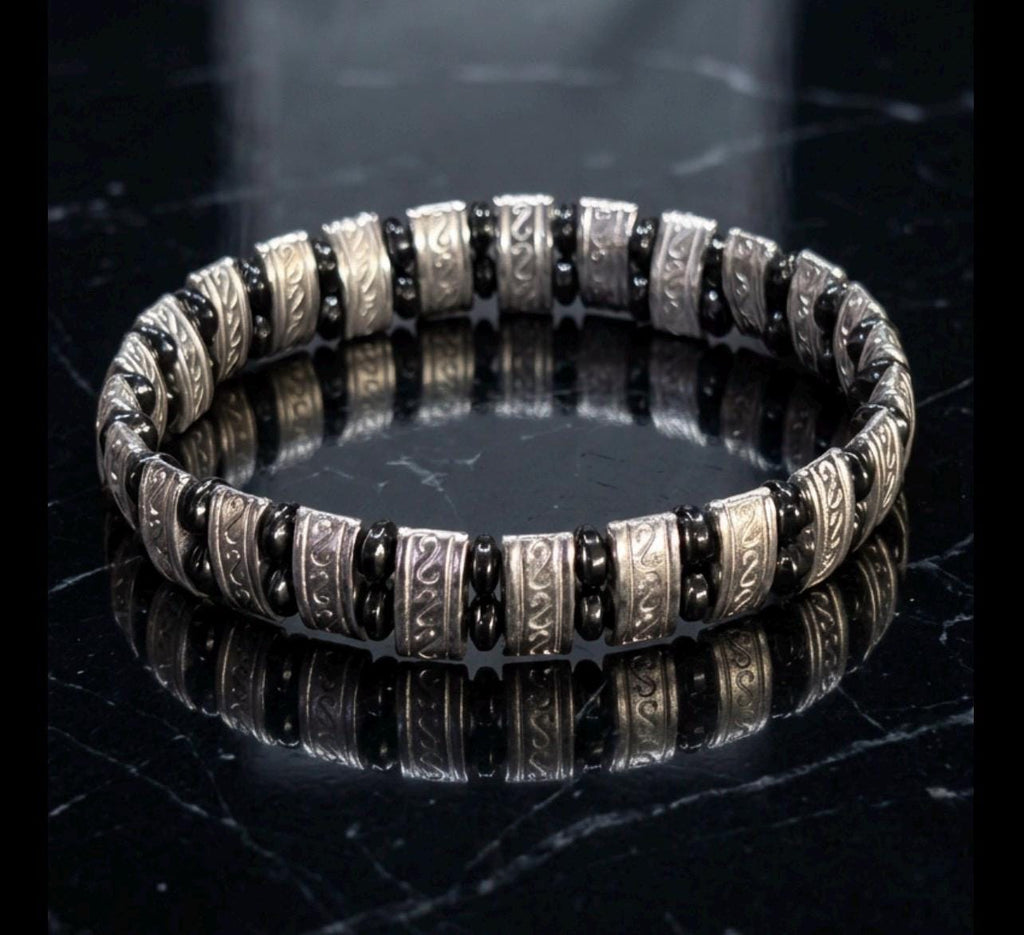 Men's Engraved Silver (Double Strand Beads)  Tribal Style Jewelry