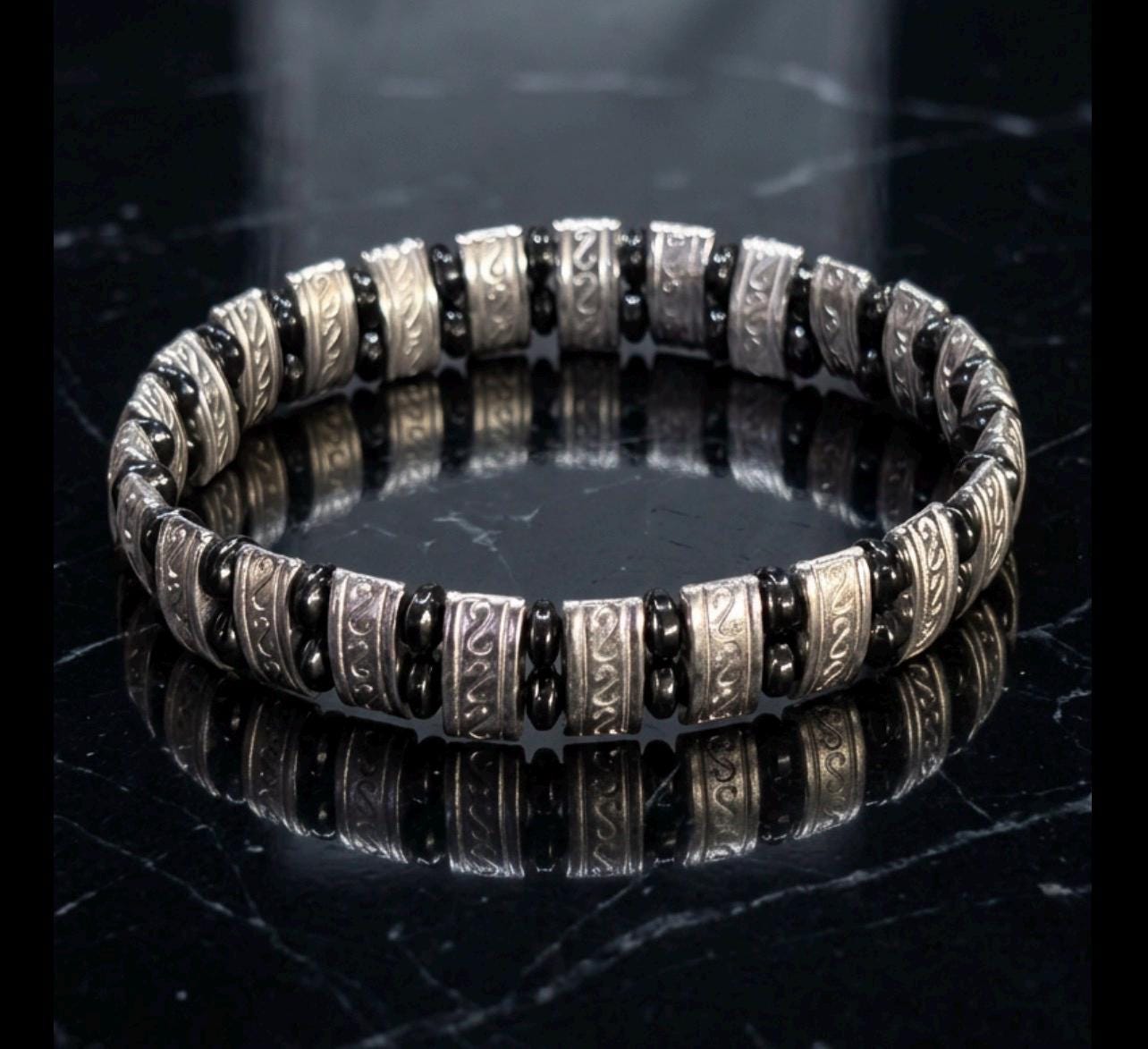 Men's Engraved Silver (Double Strand Beads)  Tribal Style Jewelry