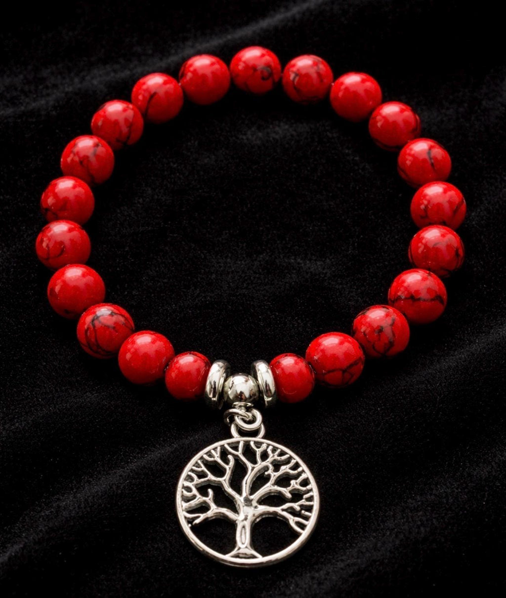 Red Beaded Bracelet with Silver Tree of Life Charm – Boho Style