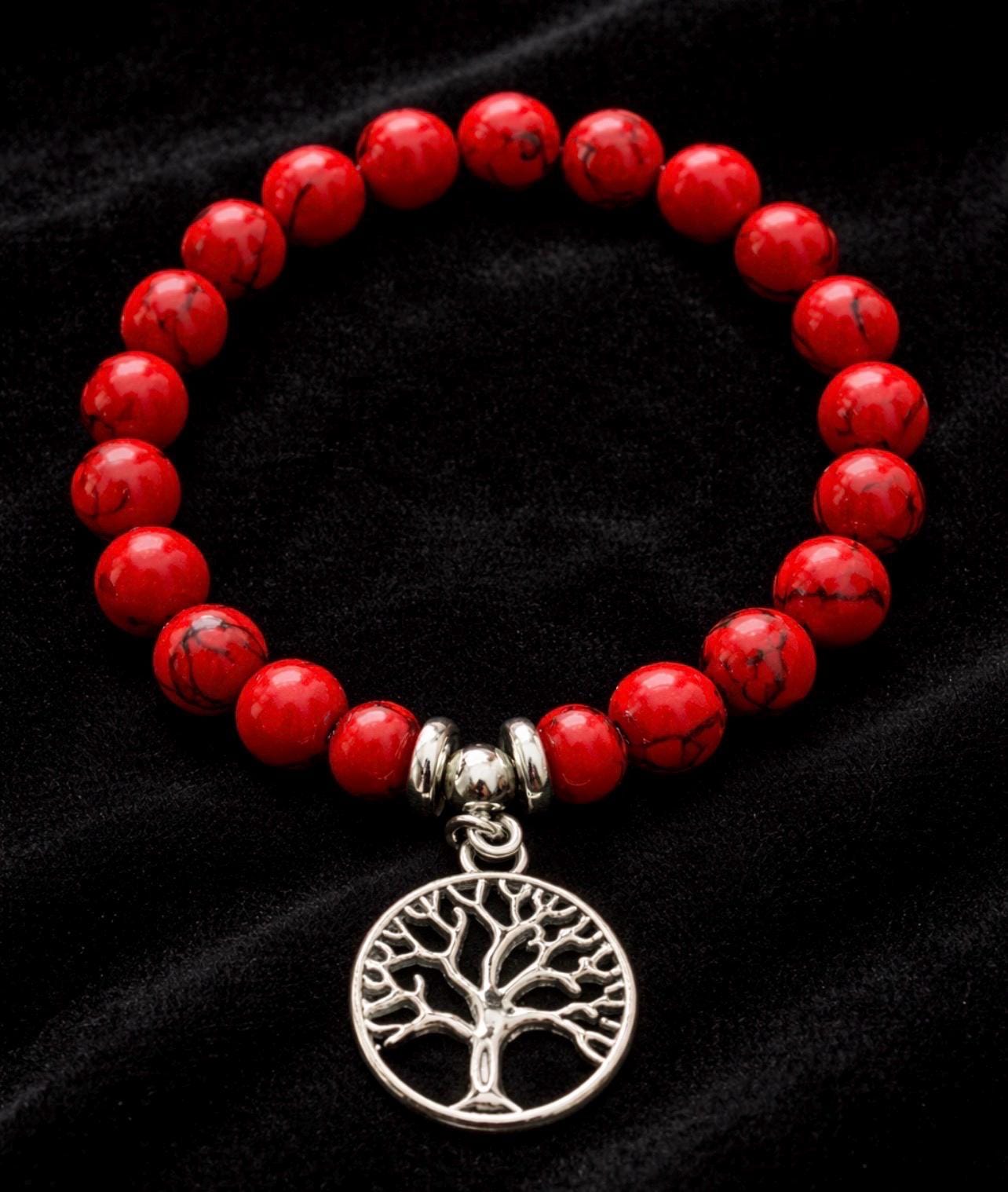 Red Beaded Bracelet with Silver Tree of Life Charm – Boho Style