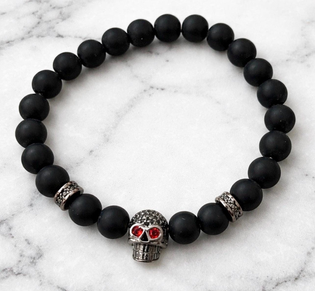 Red Eye Skull Bracelet – Black Lava Beads, Pirate Accessory