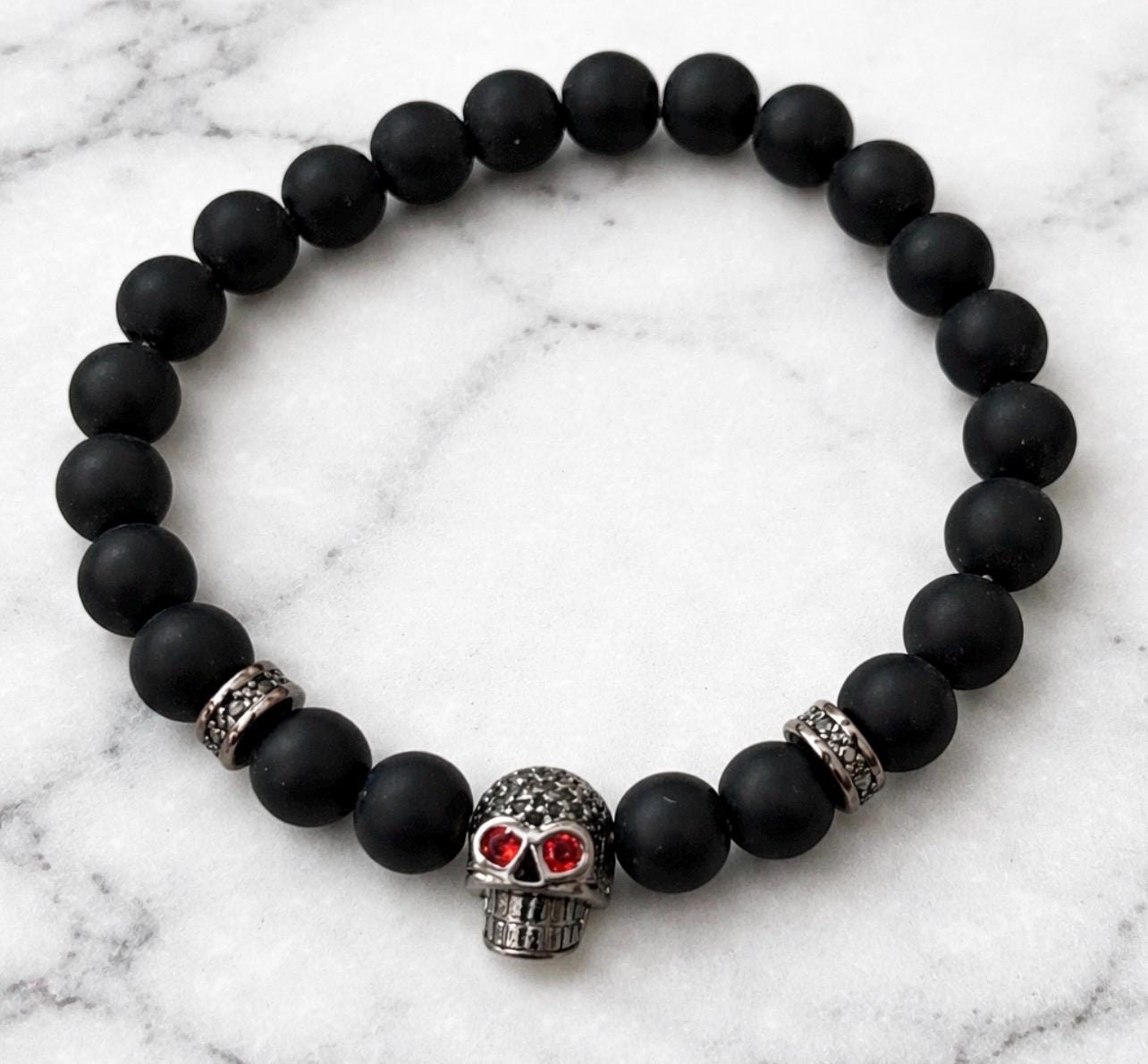 Red Eye Skull Bracelet – Black Lava Beads, Pirate Accessory