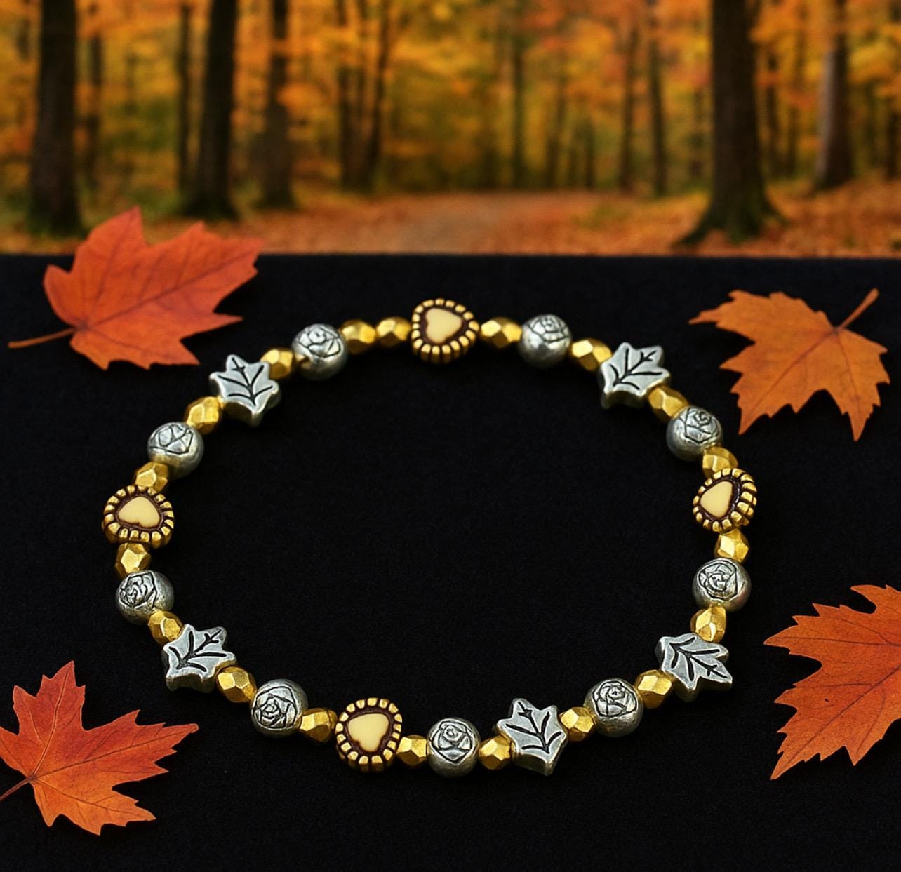 Fall Leaves & Hearts Beaded Bracelet