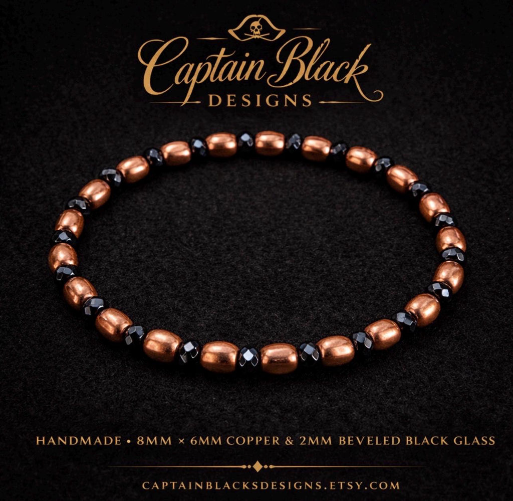 Copper Black Beaded Bracelet | Oval Copper, Faceted Glass, Minimalist Stackable Jewelry