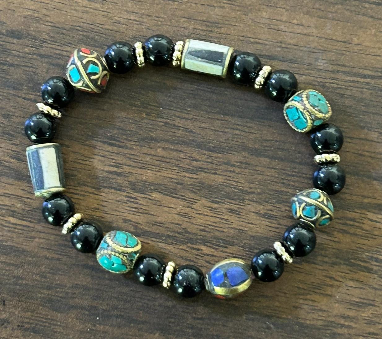Merchant’s Compass Bracelet – Black Beaded Travel Jewelry – Artisan Inlay Accents