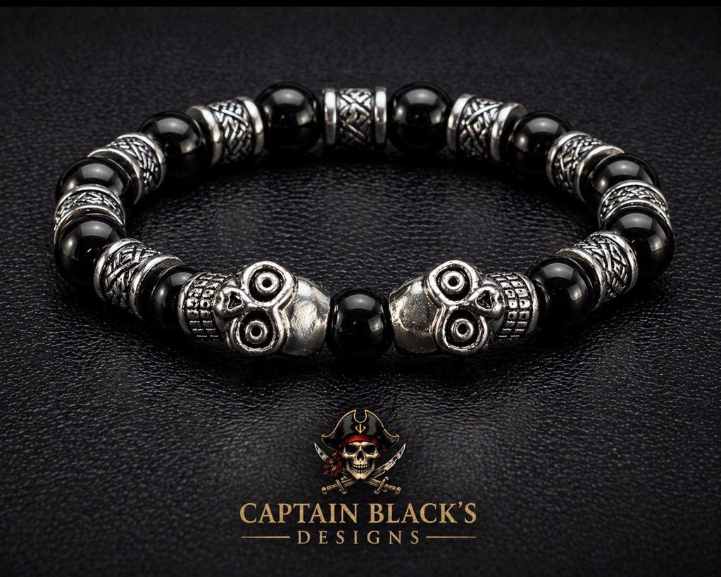 Men's Skull Bracelet – Black Beaded Gothic Jewelry – Captain Black's Designs