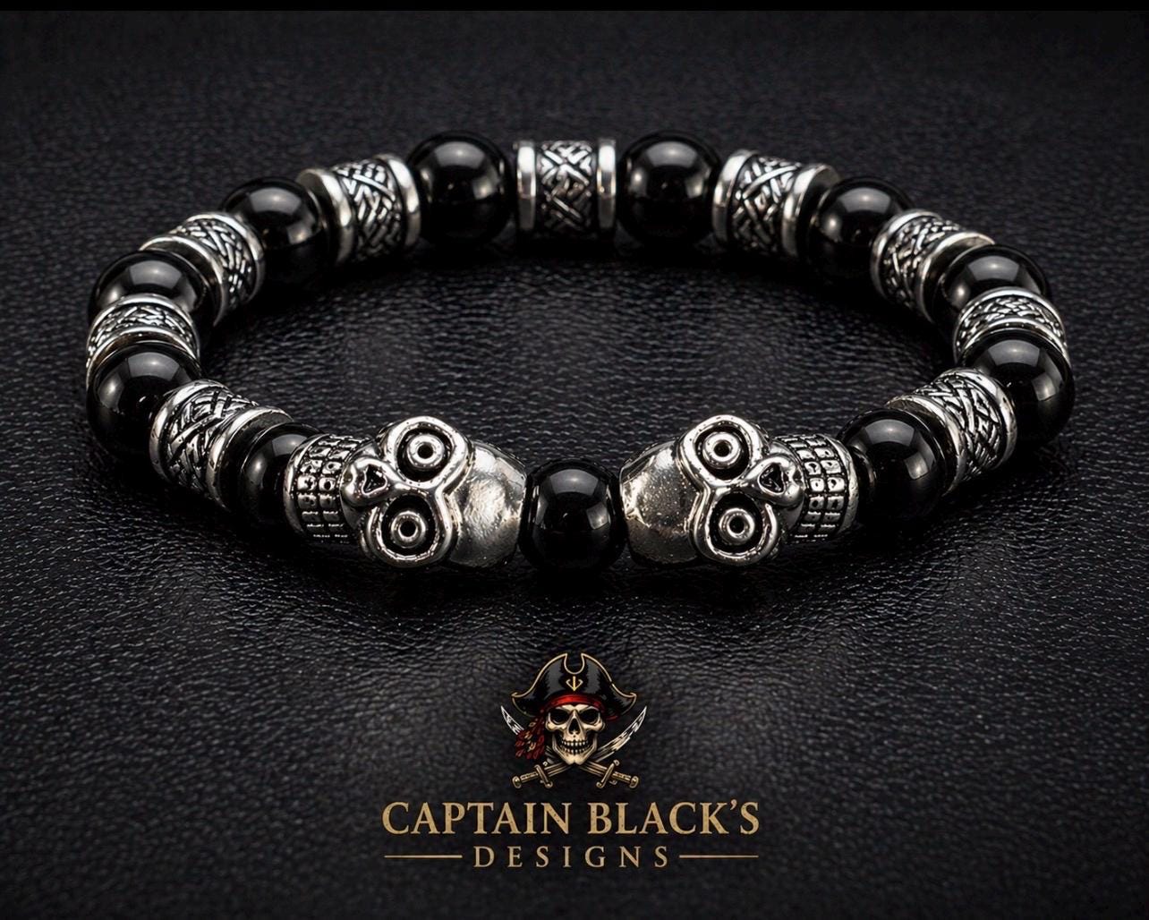 Men's Skull Bracelet – Black Beaded Gothic Jewelry – Captain Black's Designs