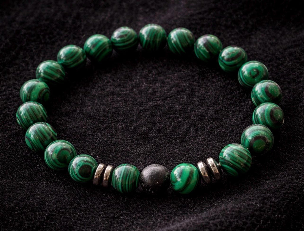 Green Malachite and Black Lava Bead Bracelet with Silver Accents – Stylish Statement Jewelry