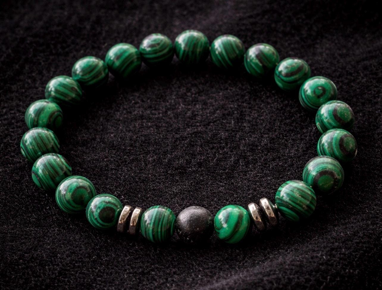 Green Malachite and Black Lava Bead Bracelet with Silver Accents – Stylish Statement Jewelry