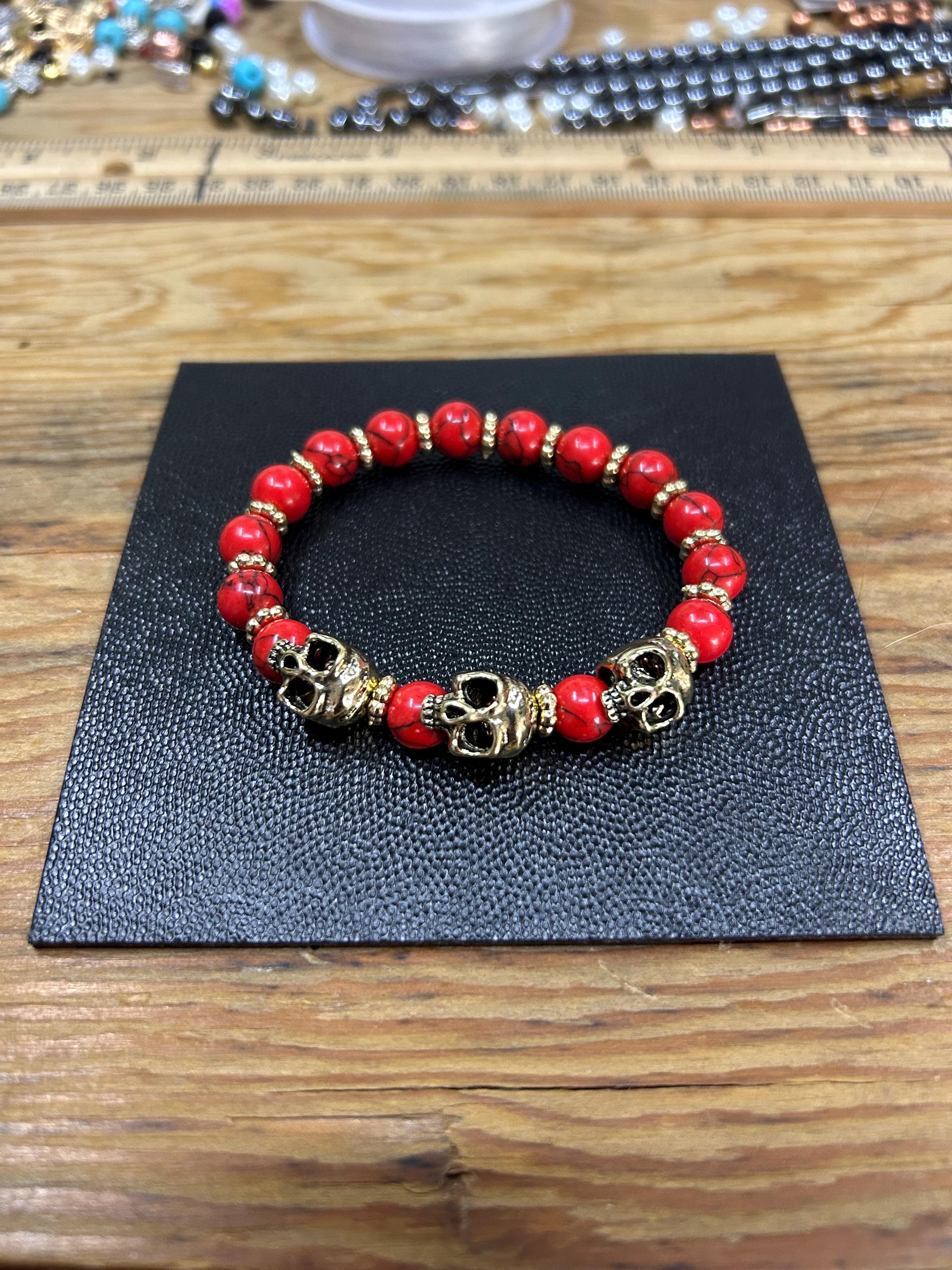 Red Marbled Skull Bracelet: Pirate Gothic Beaded Jewelry