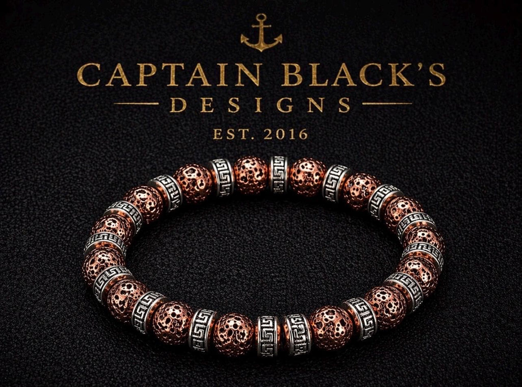 Copper Lava Greek Key Bracelet, Tribal Beaded Stretch Jewelry, Captain Black's Designs