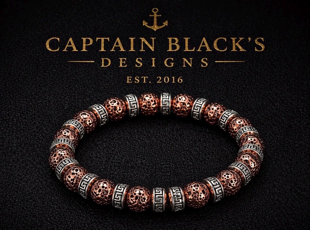 Copper Lava Greek Key Bracelet, Tribal Beaded Stretch Jewelry, Captain Black's Designs