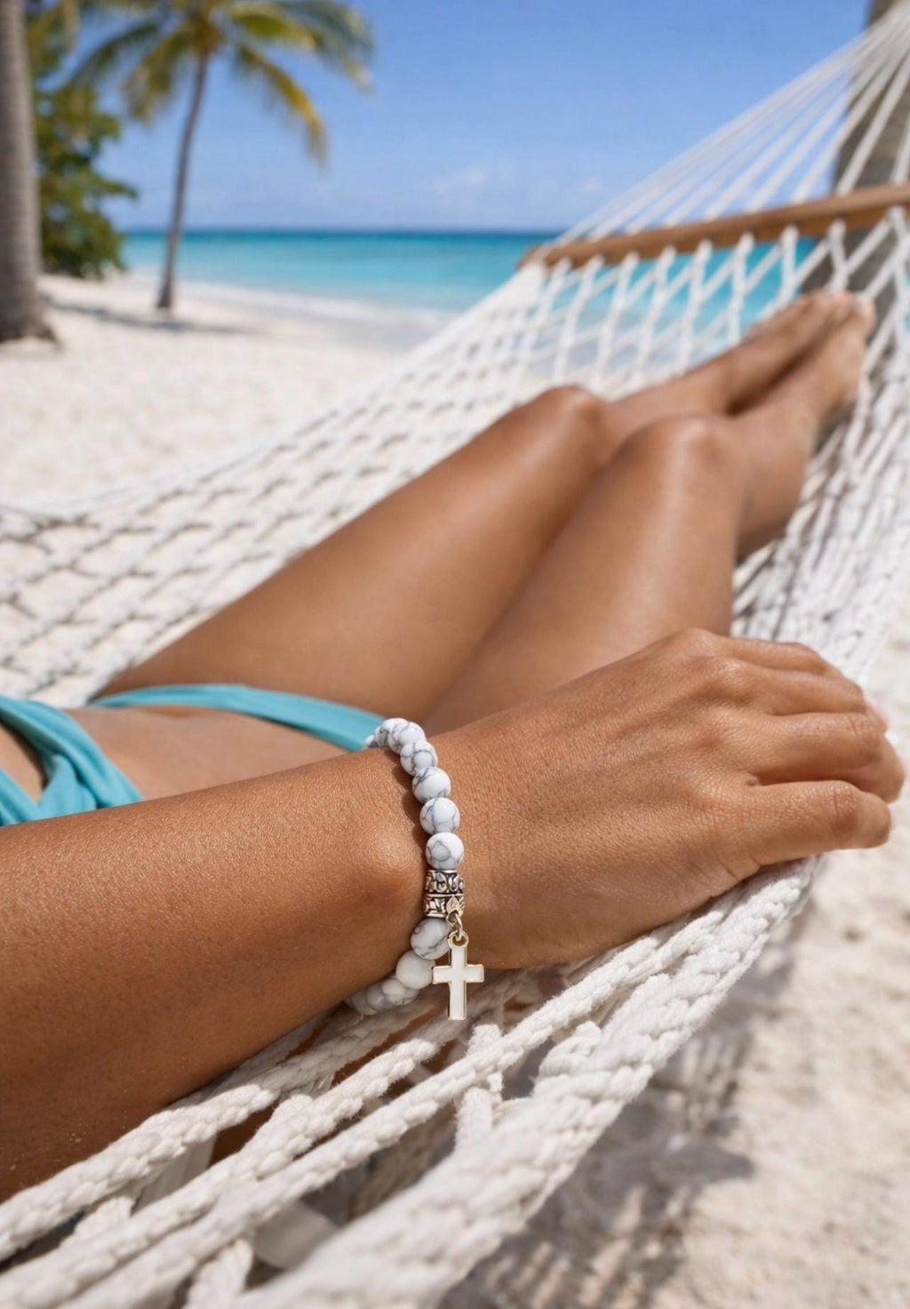 BEACH BLISS - White Marble Beads with Cross