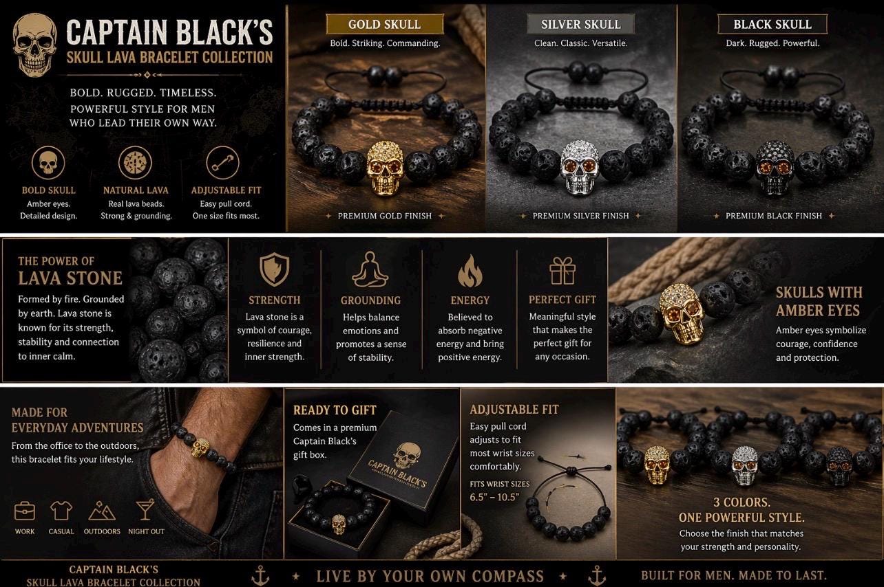Pirate Collection. Captain Black Skull Lava Bracelet Collection |Black Skull Bead Bracelet for Men