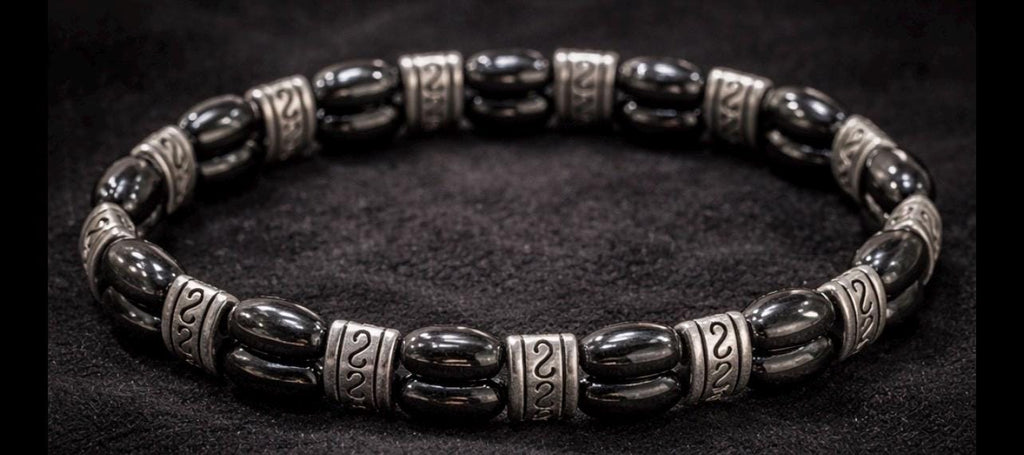 Men's Black Oval Bead Bracelet, Engraved Silver Spacers, Tribal Style Jewelry