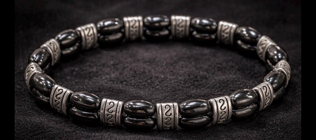 Men's Black Oval Bead Bracelet, Engraved Silver Spacers, Tribal Style Jewelry
