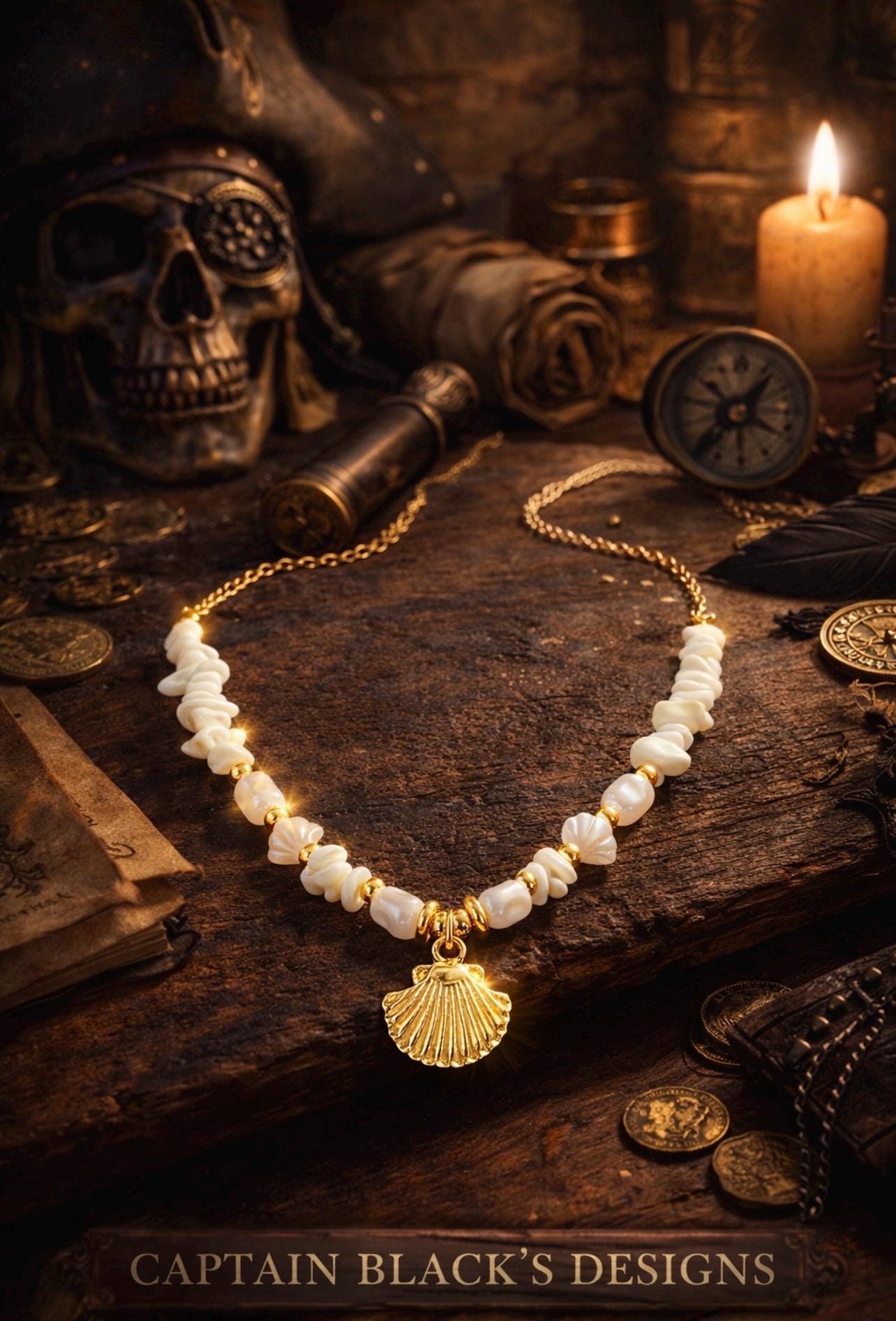 White Stone and Golden Clam Shell  Necklace, Gold Beach Jewelry, Ocean Inspired Summer Chain