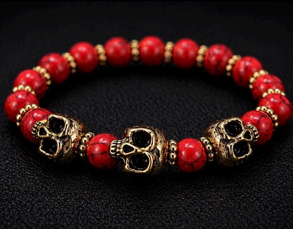 Red Marbled Skull Bracelet: Pirate Gothic Beaded Jewelry