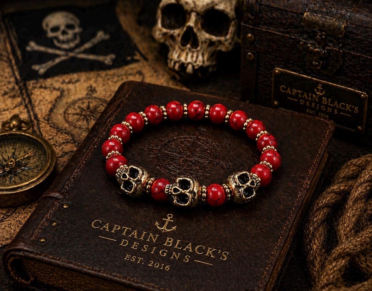Red Marbled Skull Bracelet: Pirate Gothic Beaded Jewelry