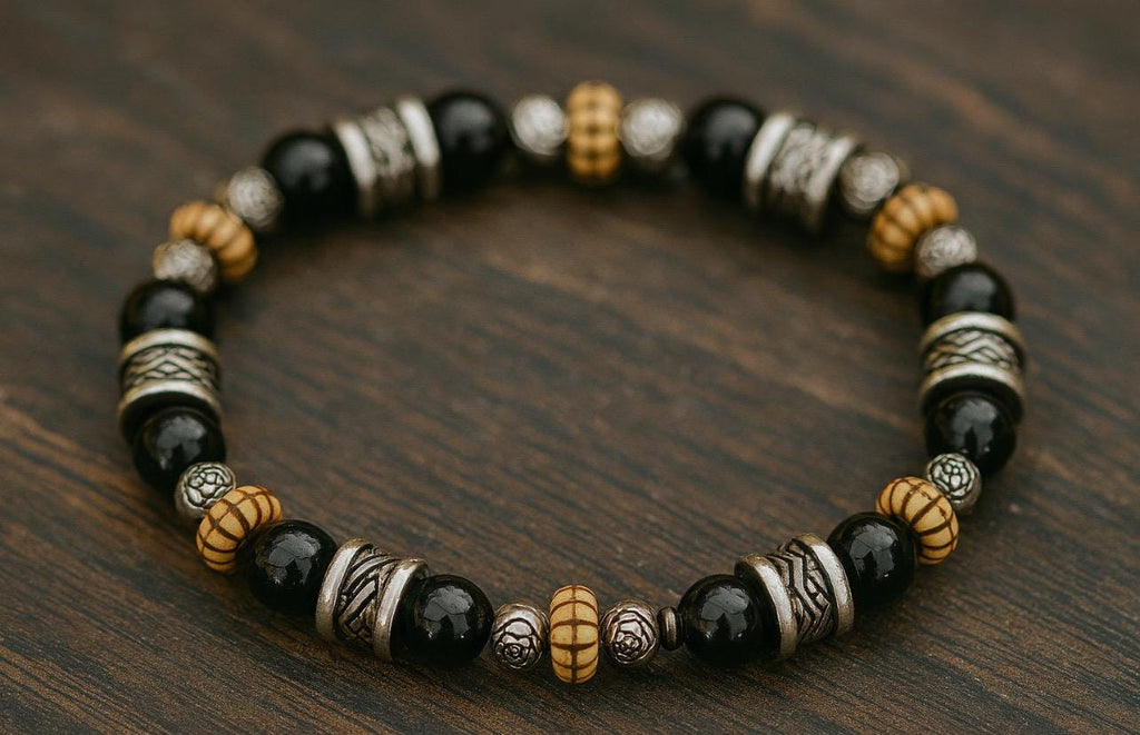 Beaded Bracelet: Black Onyx, Sterling Silver Accents