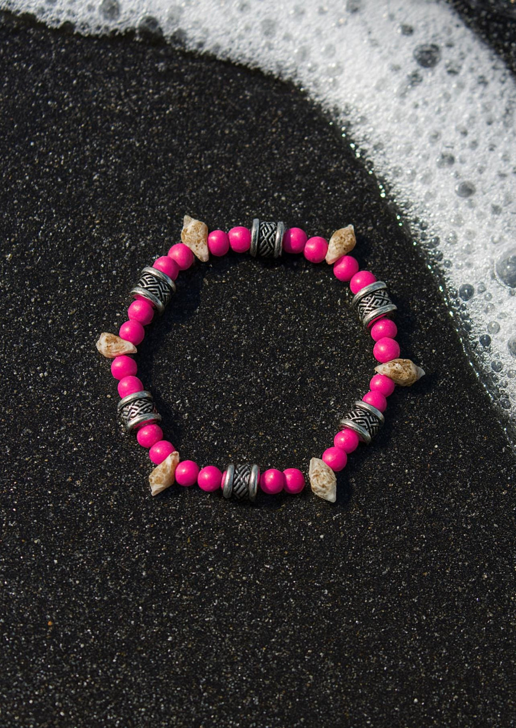 Pink Beaded Beach Bracelet with Conch shells and silver/black spacers