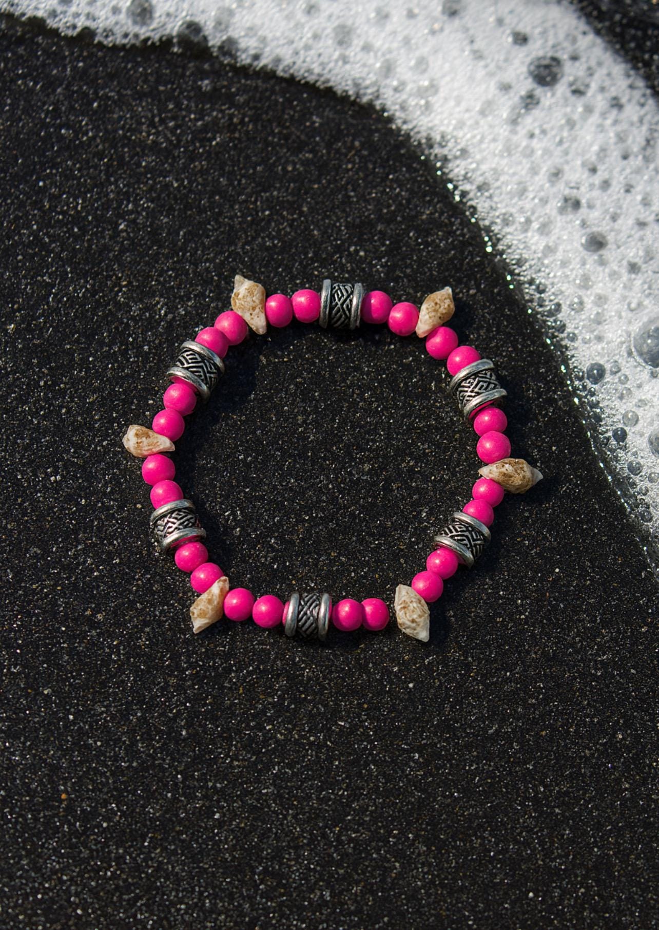 Pink Beaded Beach Bracelet with Conch shells and silver/black spacers
