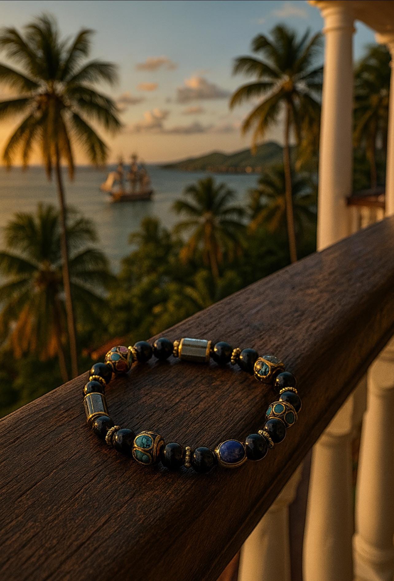 Merchant’s Compass Bracelet – Black Beaded Travel Jewelry – Artisan Inlay Accents