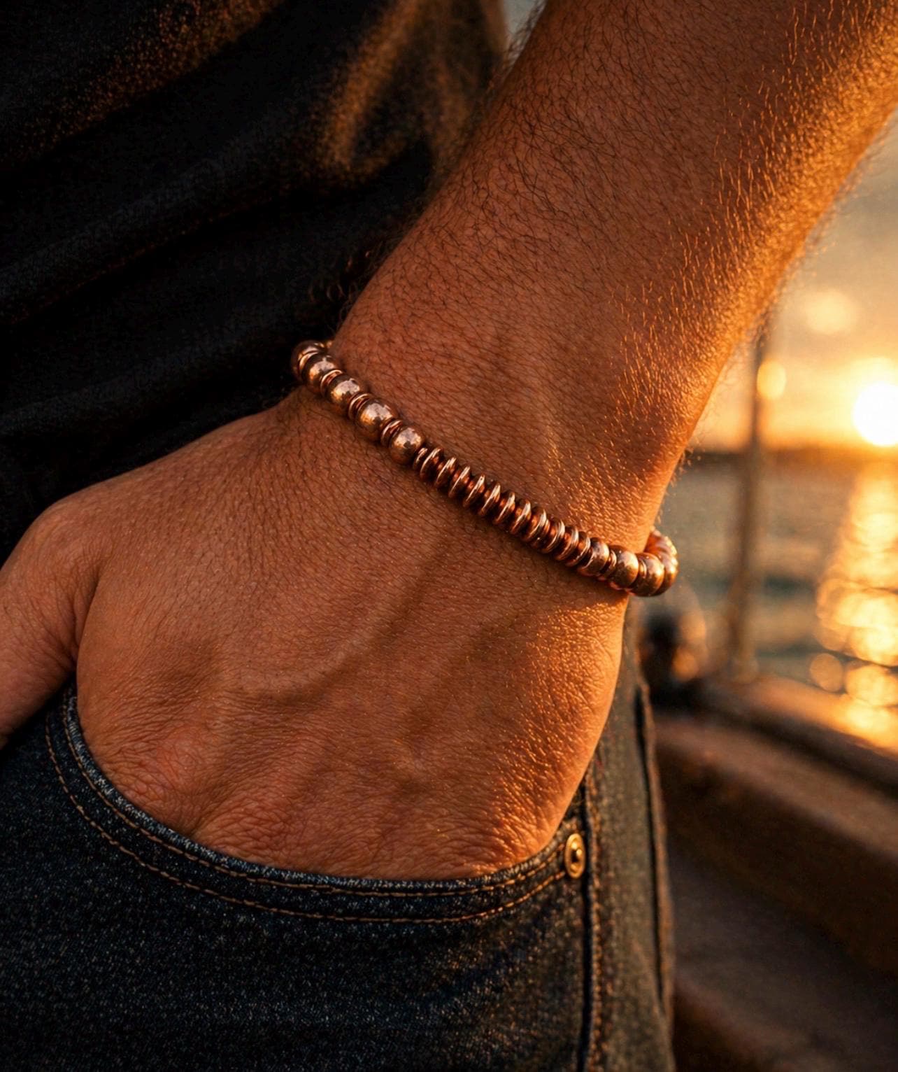 Copper Meridian Beaded Bracelet – Textured Solid Copper Jewelry – Masculine Design