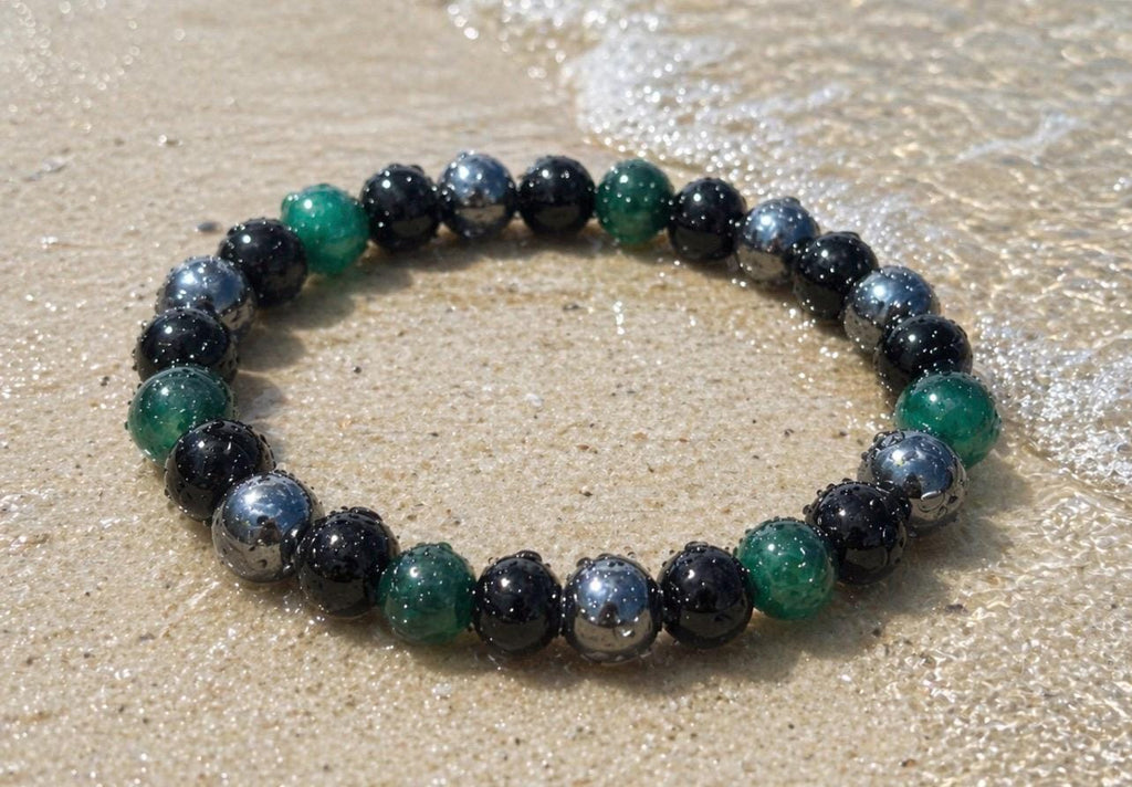Sea Green Black Silver Beaded Bracelet, Summer Beach Accessory, His and Hers Set