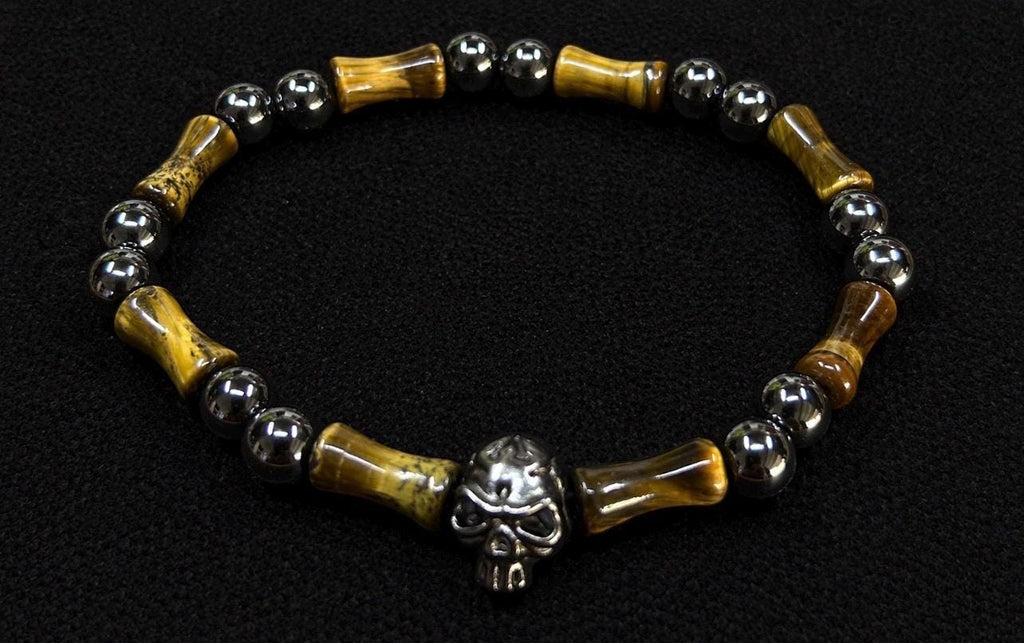Men's Pirate Skull Bracelet: Tiger Eye, Hematite, Captain Black's Collection
