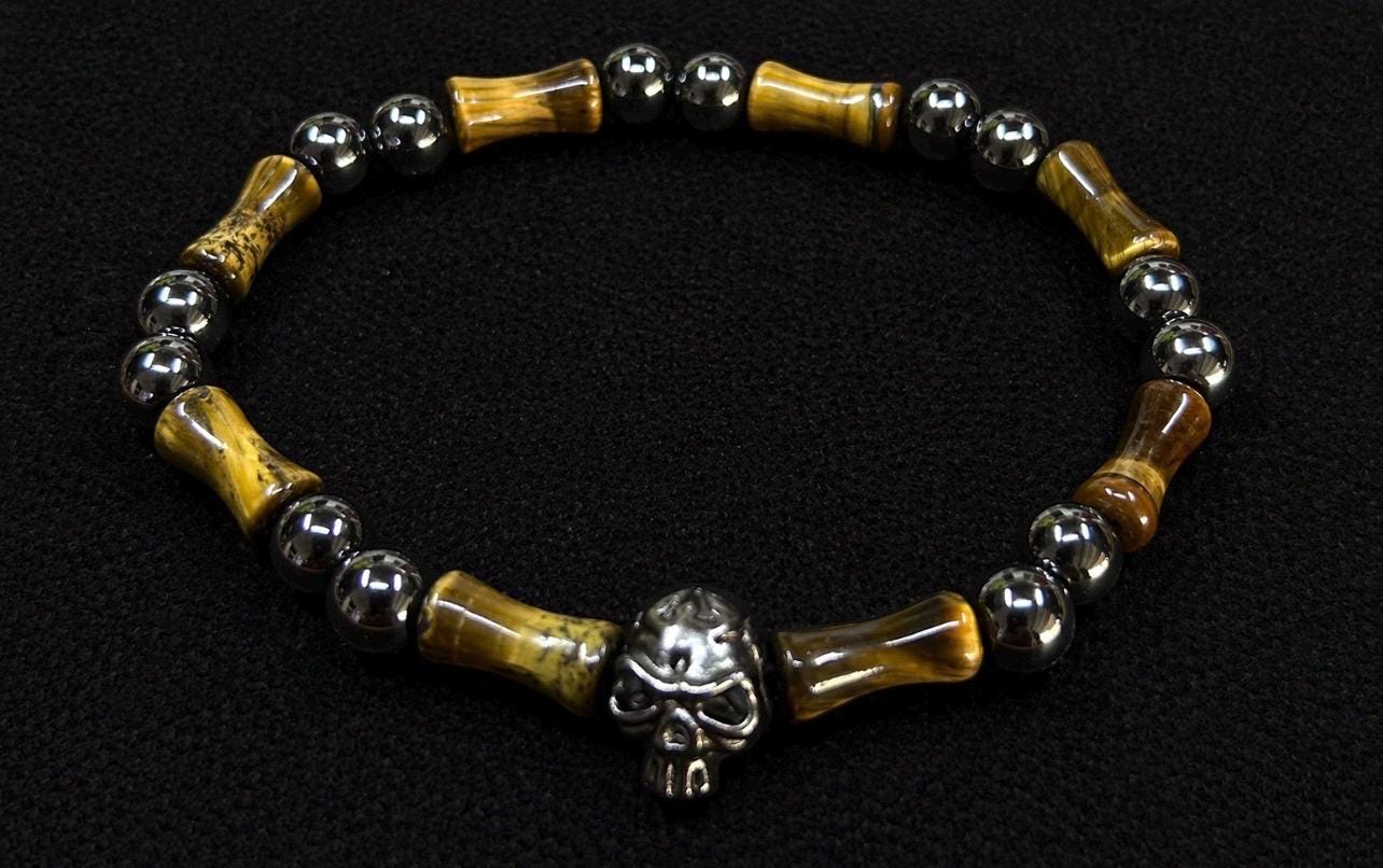 Men's Pirate Skull Bracelet: Tiger Eye, Hematite, Captain Black's Collection