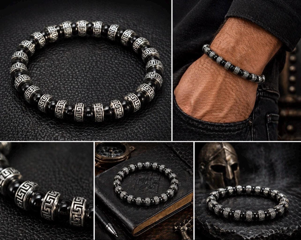 Black Silver Greek Key Bracelet, Engraved Spacers, Polished Beads, Mens Beaded Jewelry