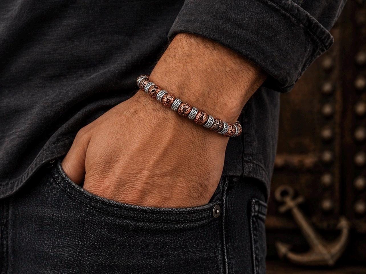 Copper Lava Greek Key Bracelet, Tribal Beaded Stretch Jewelry